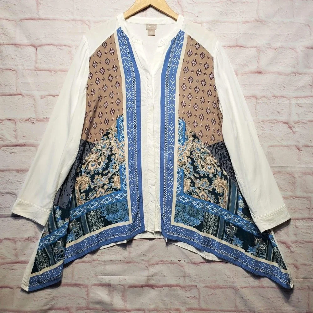 Chicos Boho Patchwork Tunic Top Large Blue Paisley Artsy Coastal Cottagecore - Picture 1 of 11